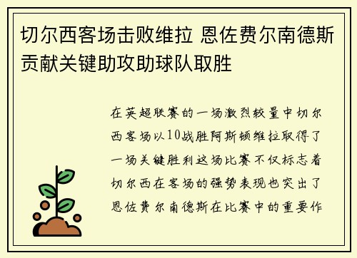 切尔西客场击败维拉 恩佐费尔南德斯贡献关键助攻助球队取胜 切尔西客场击败维拉 恩佐费尔南德斯贡献关键助攻助球队取胜